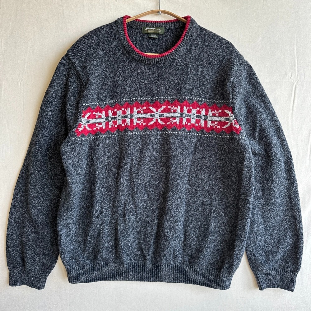 Eddie Bauer Men'd L Large Grey Red Nordic Fair Isle Stripe Crewneck Sweater Soft